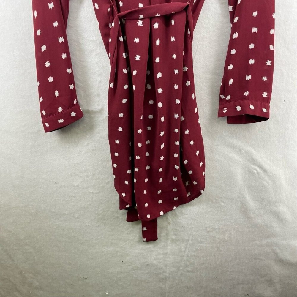 Forever21 Dress Sz M Wine Red Shift White Polka Dot V-Neck Tie Waist Long Sleeve - Picture 9 of 11